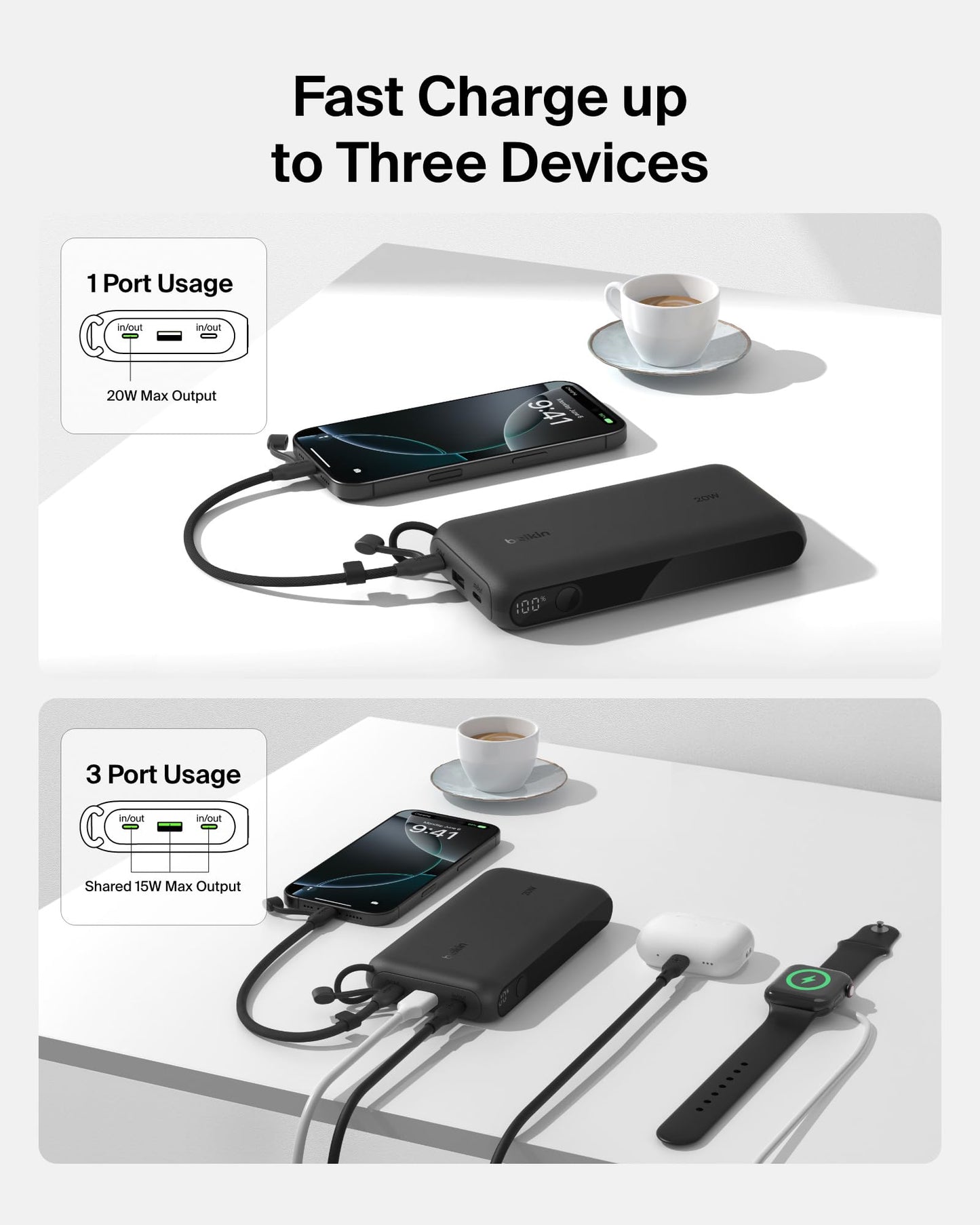 Belkin Portable Charger, USB-C Power Bank 20,000mAh w/ 2X USB-C Ports & 1x A Port, Digital Battery Display, 20W Charging for iPhone 17, Air, Pro