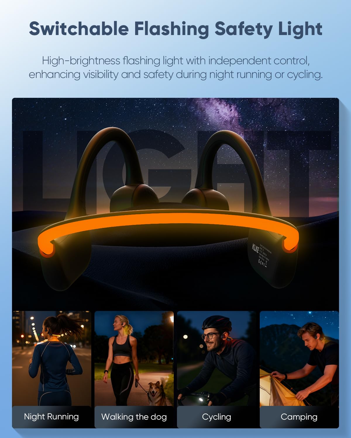 KLKE Open-Ear Bone Conduction Headphones, IP66 Waterproof, Integrated Transducer Running Headphones with Dual Mode, Rear Safety Light, 10H