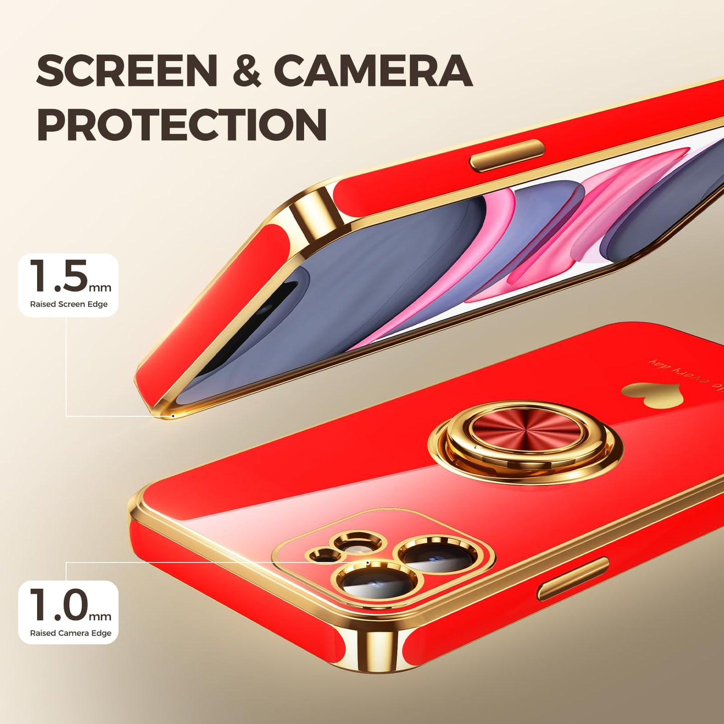 Nonional Compatible for iPhone 12 Case with 2 Pack Screen Protector, 360° Rotatable Ring Holder [Luxury Hearts Pattern] Plating Gold Edge Slim Soft