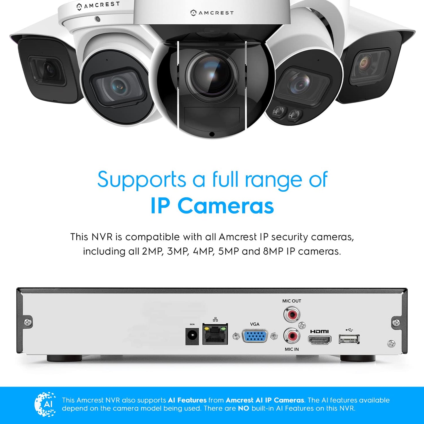 Amcrest NV4108-A2 4K 8CH NVR (1080p/3MP/4MP/5MP/8MP) Network Video Recorder - Supports up to 8 x 8MP/4K IP Cameras, 8-Channel, Supports up to 10TB