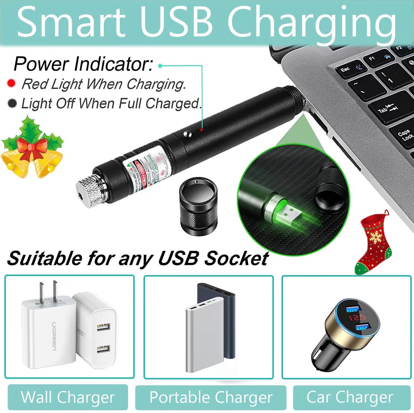 QUEOPFU Green Laser Pointer Pen - Rechargeable Laser Beam, USB Charging for Hiking, Presentations & Outdoor Use