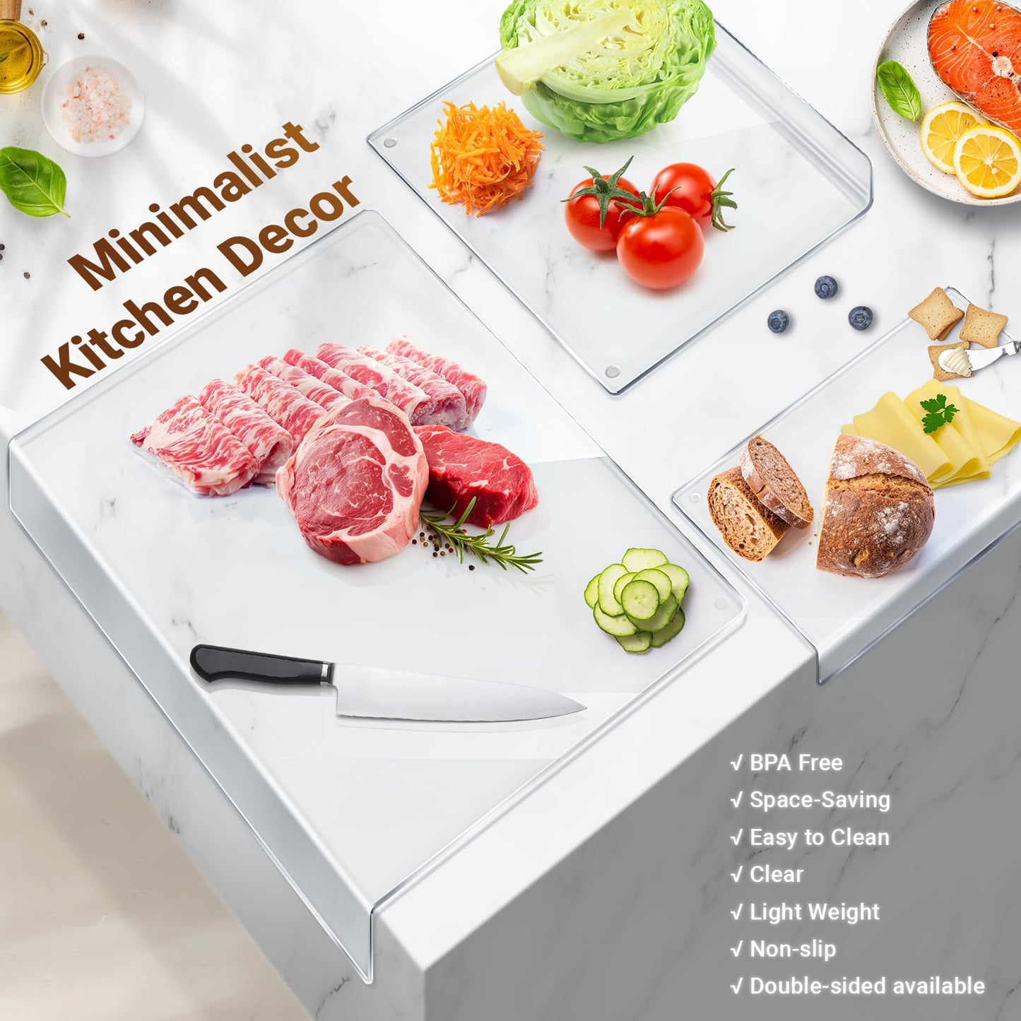 3PCS Acrylic Cutting Board with Counter Lip, Cutting Boards Set, Clear Cutting Boards for Countertop, Non Slip Cutting Board for Kitchen Utensils…