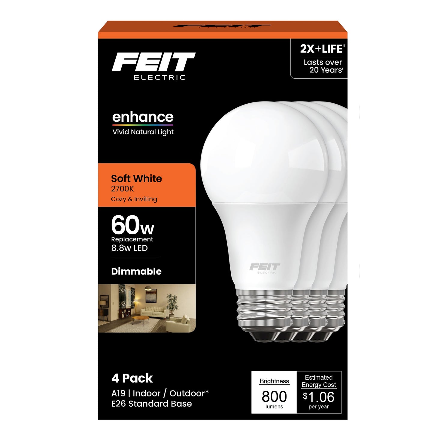 Feit Electric A19 LED Light Bulbs, 60W Eq, Dimmable, Soft White 4 Pack