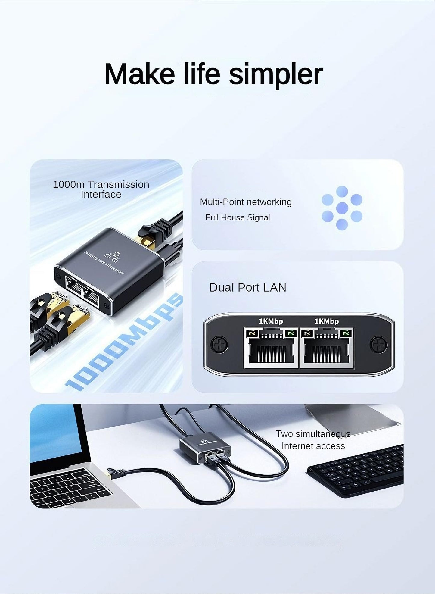 Gigabit Ethernet Splitter 1 to 2, Network Cable Splitter RJ45 1 in 2 Out, 1000Mbps LAN Adapter for Router, PC, Camera, Xbox, PS5, Extend Wired