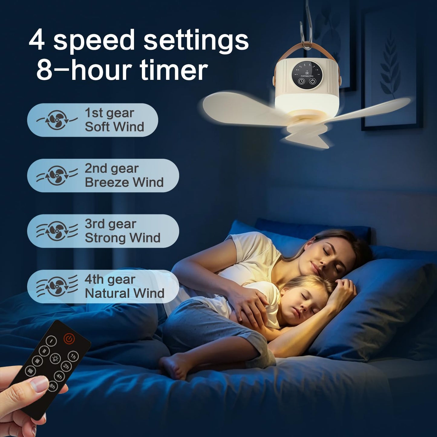 fenshine Portable Fan with Remote, 7200mAh Low Noise USB Fan 4 Speeds & 3 Warm Lights, Hanging Travel Fan with Timer, for Workshop Dorm Room Bedroom
