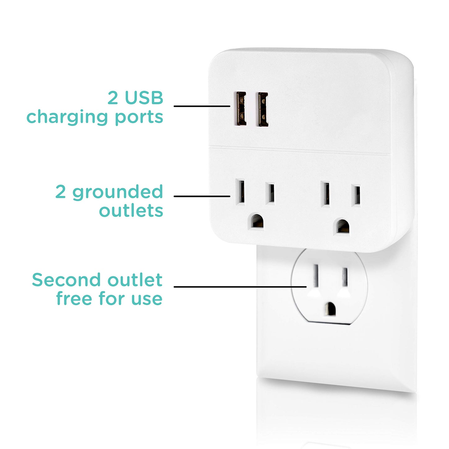 Cordinate 2 Outlet Extender, 3 Prong, Compact Adapter, Station, 2.1A USB Ports, Fast Charge for Devices, Easy Access Design, 2 Pack, White, 56162