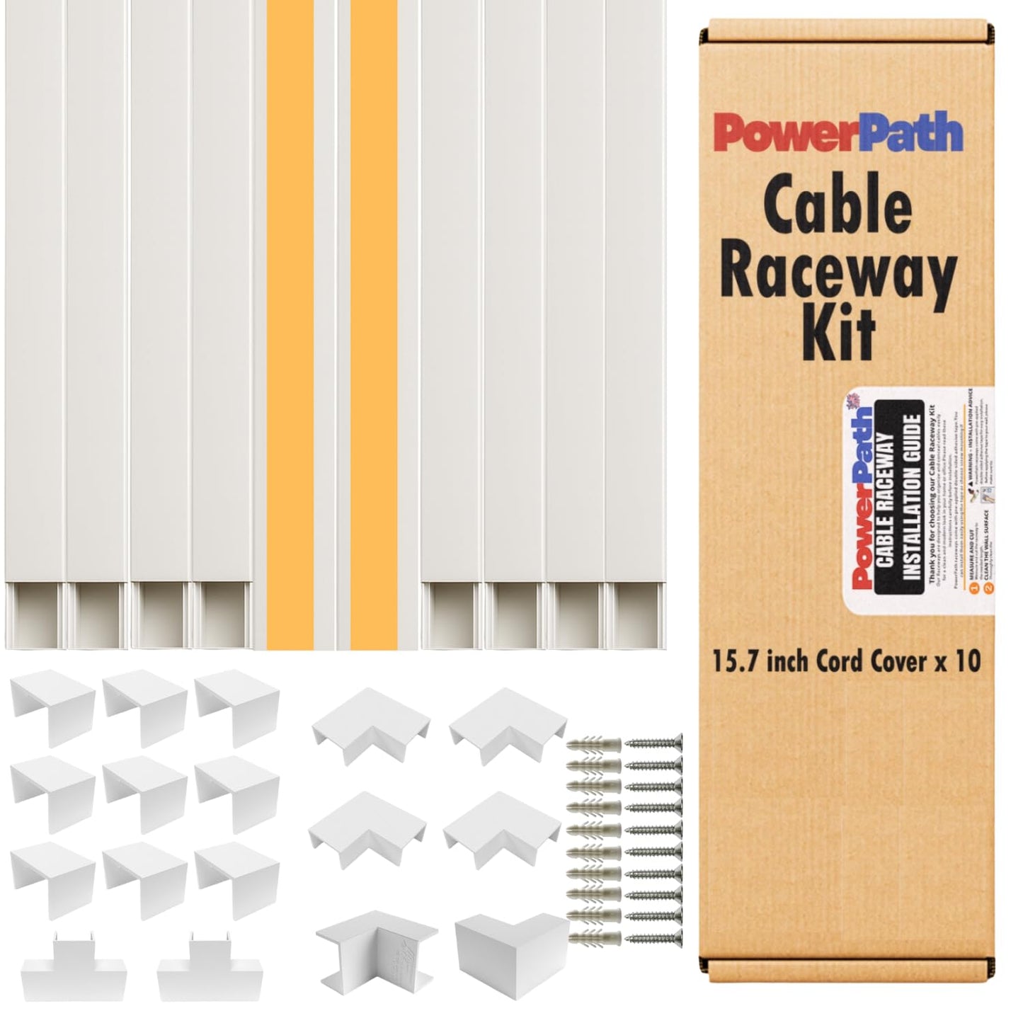 Cable Management Kit | 157" Cord Hider Kit | 10 Pcs x 15.7in Paintable Cable Raceway with Connectors | T & L Corners | Inside & Outside Elbows | Home