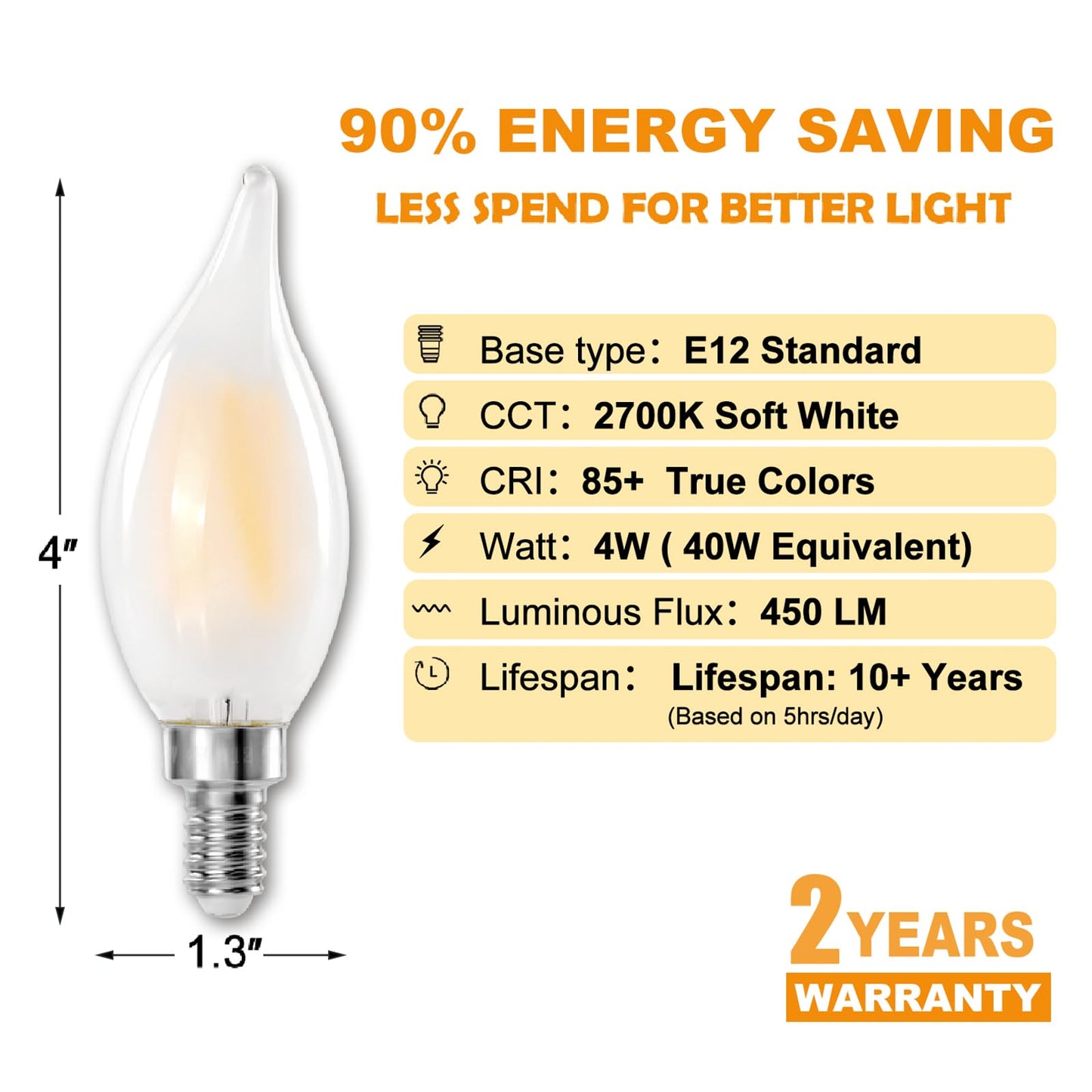 Decoaui E12 C11 LED Candelabra Light Bulbs, 4W (40W Equivalent), Dimmable, Frosted Glass, 2700K Soft White, 450 Lumens, Candle-Shaped, Ideal