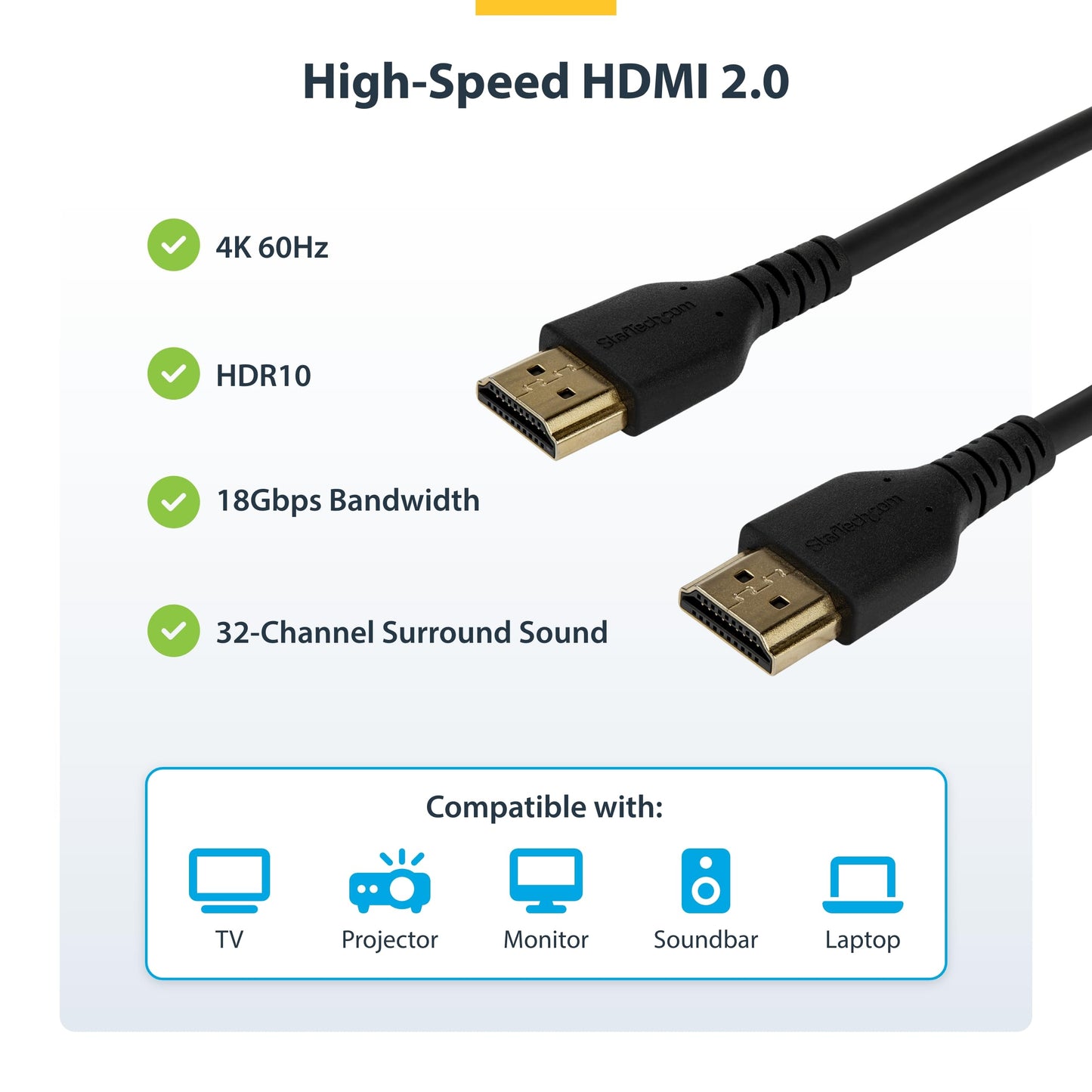 StarTech.com 3ft (1m) Slim HDMI Cable, Flexible Premium HDMI 2.0 Cord with Ethernet, UHD 4K 60Hz HDR10, Durable Aramid Fiber Design w/ TPE Jacket