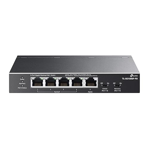 TP-Link TL-SG1005P-PD 5-Port Passthrough Gigabit Ethernet Switch - 1 PoE++ in @90W, 4 PoE+ Output up to 66W, Plug & Play, Extend Mode, QoS, IGMP, Auto