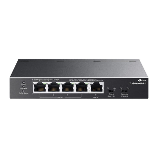 TP-Link TL-SG1005P-PD 5-Port Passthrough Gigabit Ethernet Switch - 1 PoE++ in @90W, 4 PoE+ Output up to 66W, Plug & Play, Extend Mode, QoS, IGMP, Auto