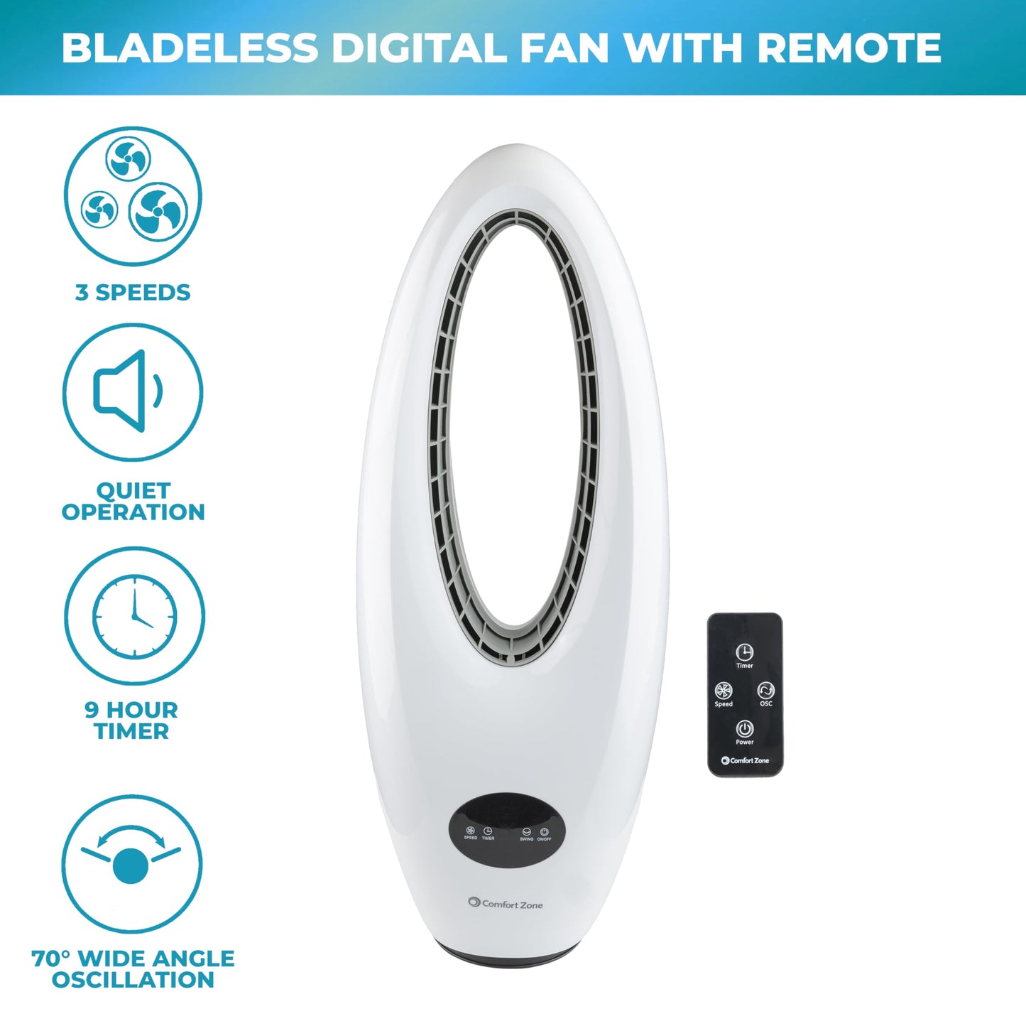 Comfort Zone 28-Inch Oscillating Bladeless Tower Fan with Remote Control, 3 Speeds, 70° Oscillation, Portable Tower Fan with 9-Hour Timer & LED