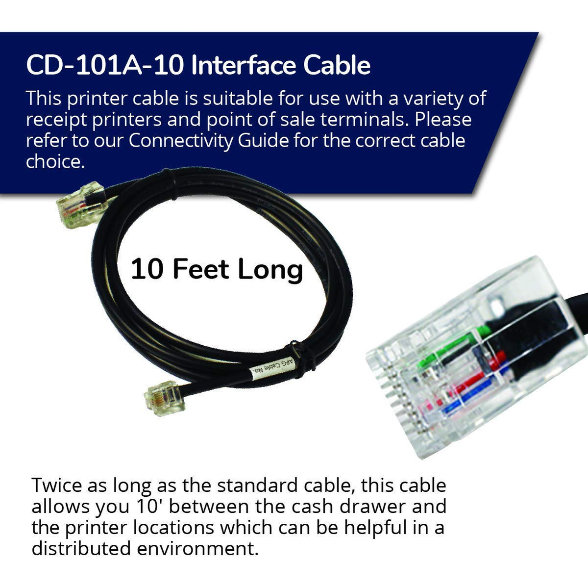 APG Printer Interface Cable | CD-101A-10 | Cable for Cash Drawer to Printer | 1 x RJ-12 Male - 1 x RJ-45 Male | Connects to EPSON and Star Printers |