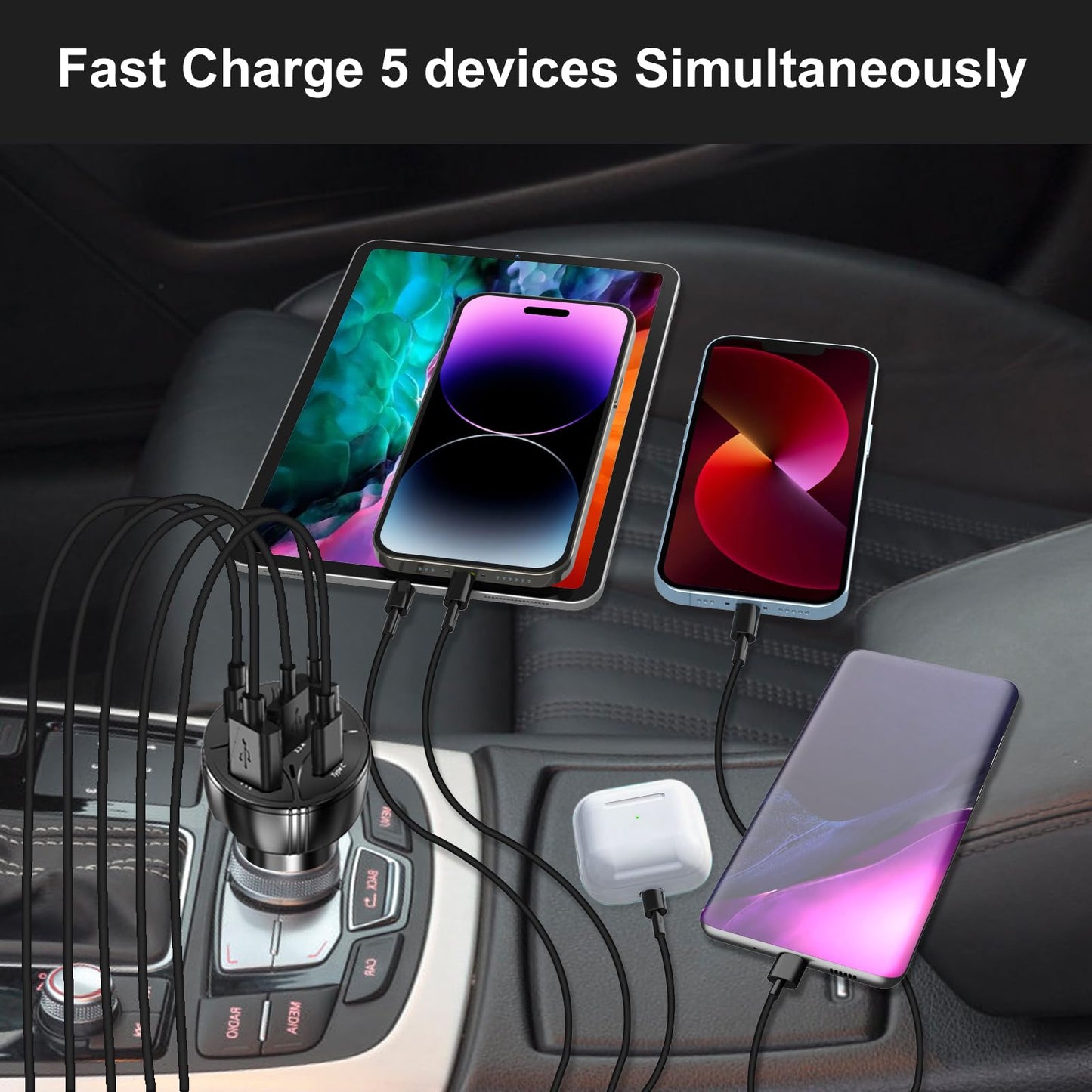 USB C Car Charger Adapter, 5 Ports 75W PD 3.0 Car Phone Charger Fast Charging Compatible with iPhone 16/15/14/13 Pro Max Series, iPad Pro, Galaxy