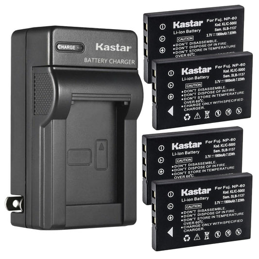 Kastar 4-Pack Battery and AC Wall Charger Replacement for DV5311, DV5311HD, FinePix 50i, FinePix 601, FinePix F401, FinePix F401 Zoom, FinePix F410