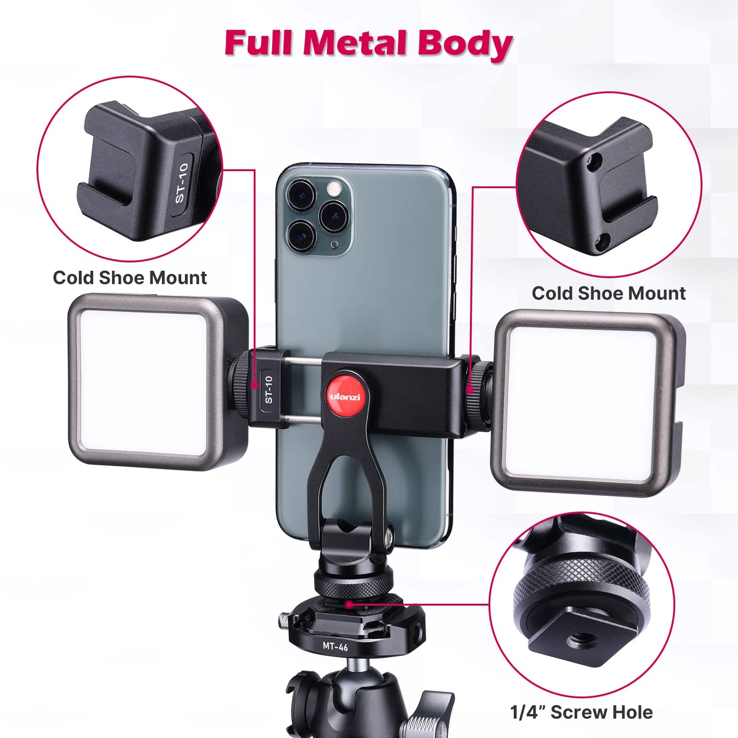ULANZI Metal Phone Tripod Mount ST-10, Universal 360° Smartphone Adapter with 2 Cold Shoe Mount, Adjustable Cell Phone Clamp Stand Holder, Compatible