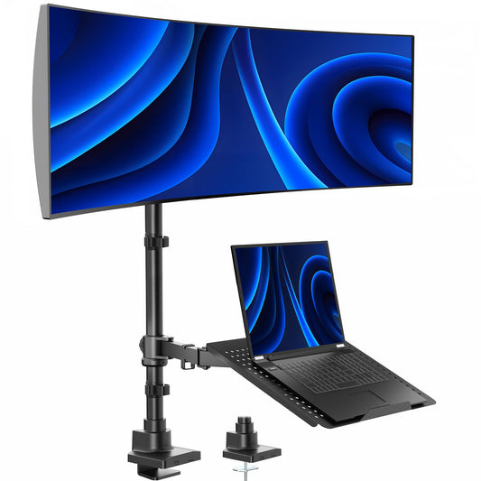 VIVO Extra Tall Desk Mount for up to 49 inch Ultra-Wide Monitor and Tray for up to 17 inch Laptop, Clamp-on Adjustable Stand Holds 44 lb Screens, VESA
