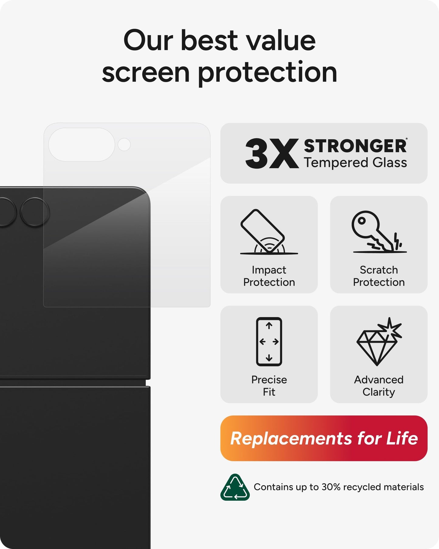 ZAGG Glass+ Samsung Galaxy Z Flip7 Screen Protector (Front Screen Only) - 3x Stronger, Scratch-Resistant, Smudge-Resistant, Fingerprint Scanner