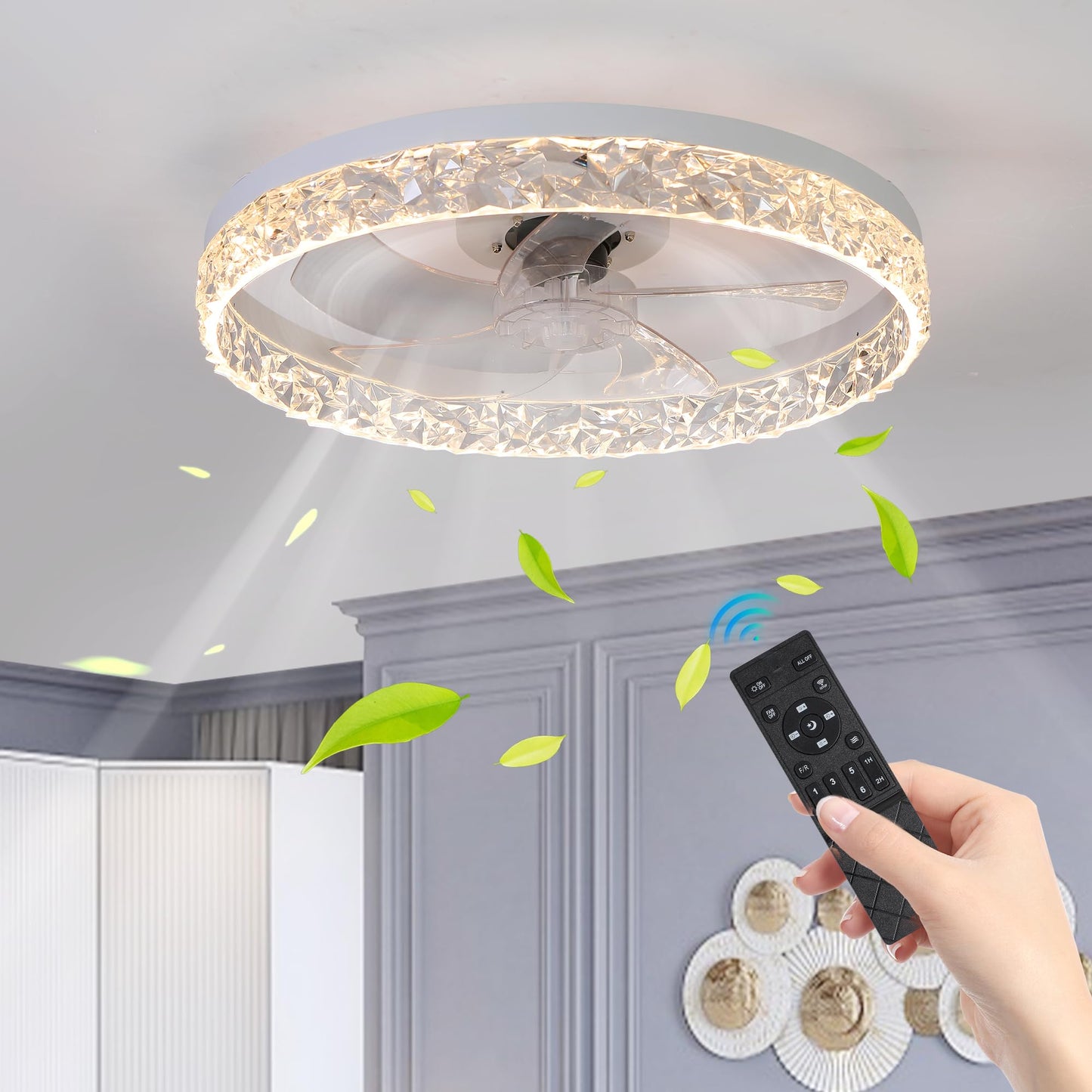 YIHANTLZ Crystal Ceiling Fan Light with Reversible Blades, 3-Speed Quiet Motor, Remote Control & Timer, Integrated LED Lighting for Bedroom, Living