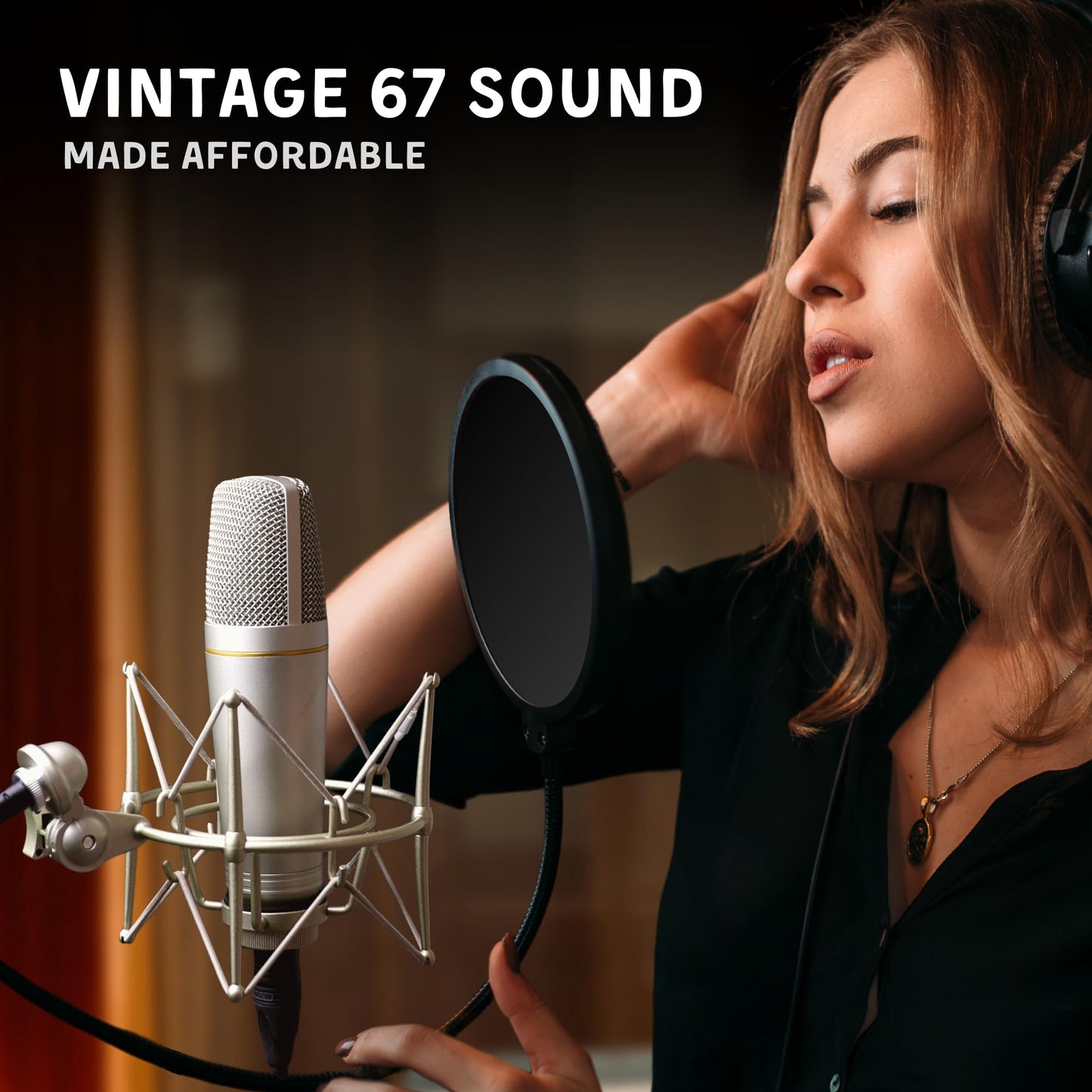 MA-67 Studio Condenser Microphone, 34mm Gold Large Diaphragm Capsule, Including Hydro Pop Filter, Metal Shock Mount, XLR Cable and Mic Bag - For Music