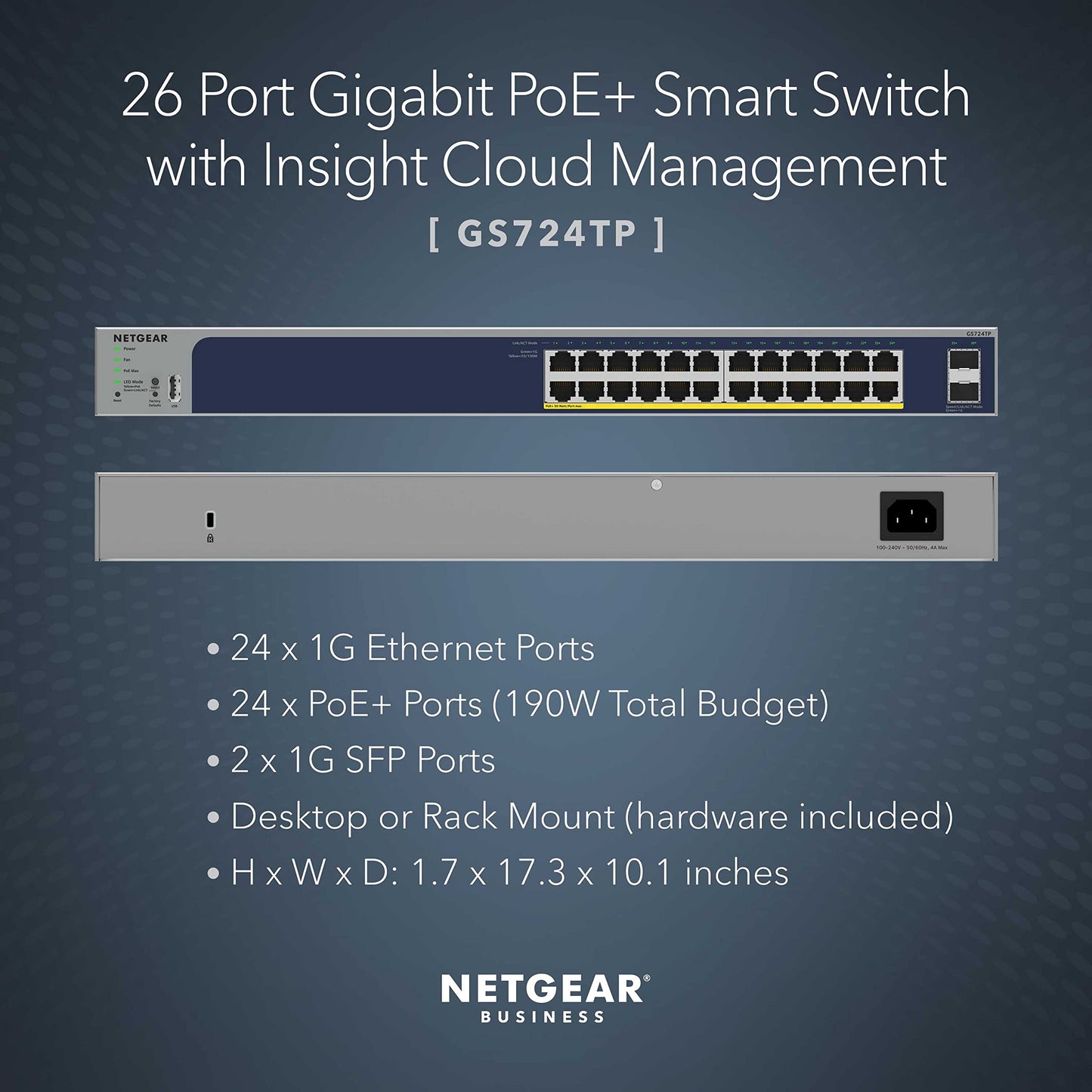 NETGEAR 26-Port PoE Gigabit Ethernet Smart Switch (GS724TP) - Managed, 24 x 1G, 24 x PoE+ @ 190W, 2 x 1G SFP, Optional Insight Cloud Management