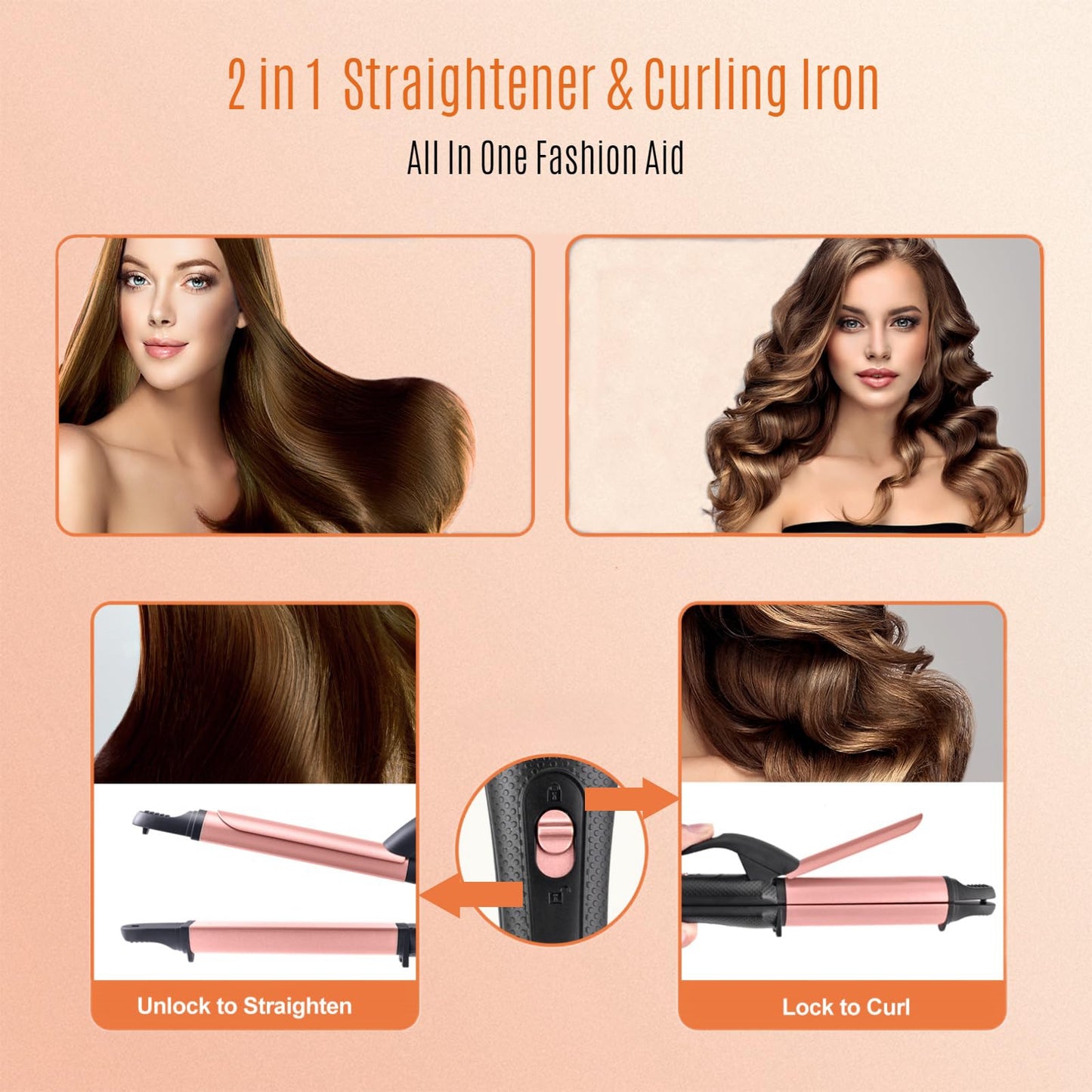 JYfeel 2-in-1 Flat Iron & Curling Iron, Travel Hair Straightener and Curler Combo with 1" Ceramic Plate, Dual Voltage, Rose Gold