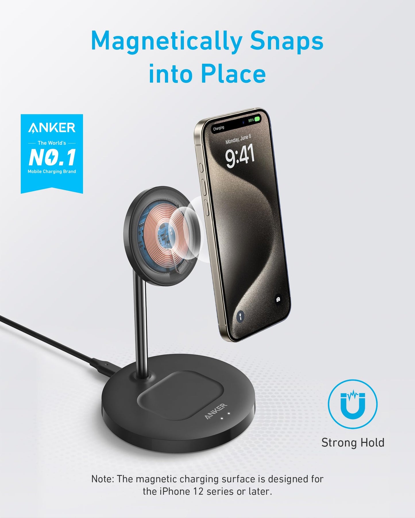Anker iPhone 16 Wireless Charging Stand, PowerWave 2-in-1 Magnetic Stand Lite with USB-C Cable, for iPhone 16/16 Pro/16 Plus/16 Pro Max/15/14/13