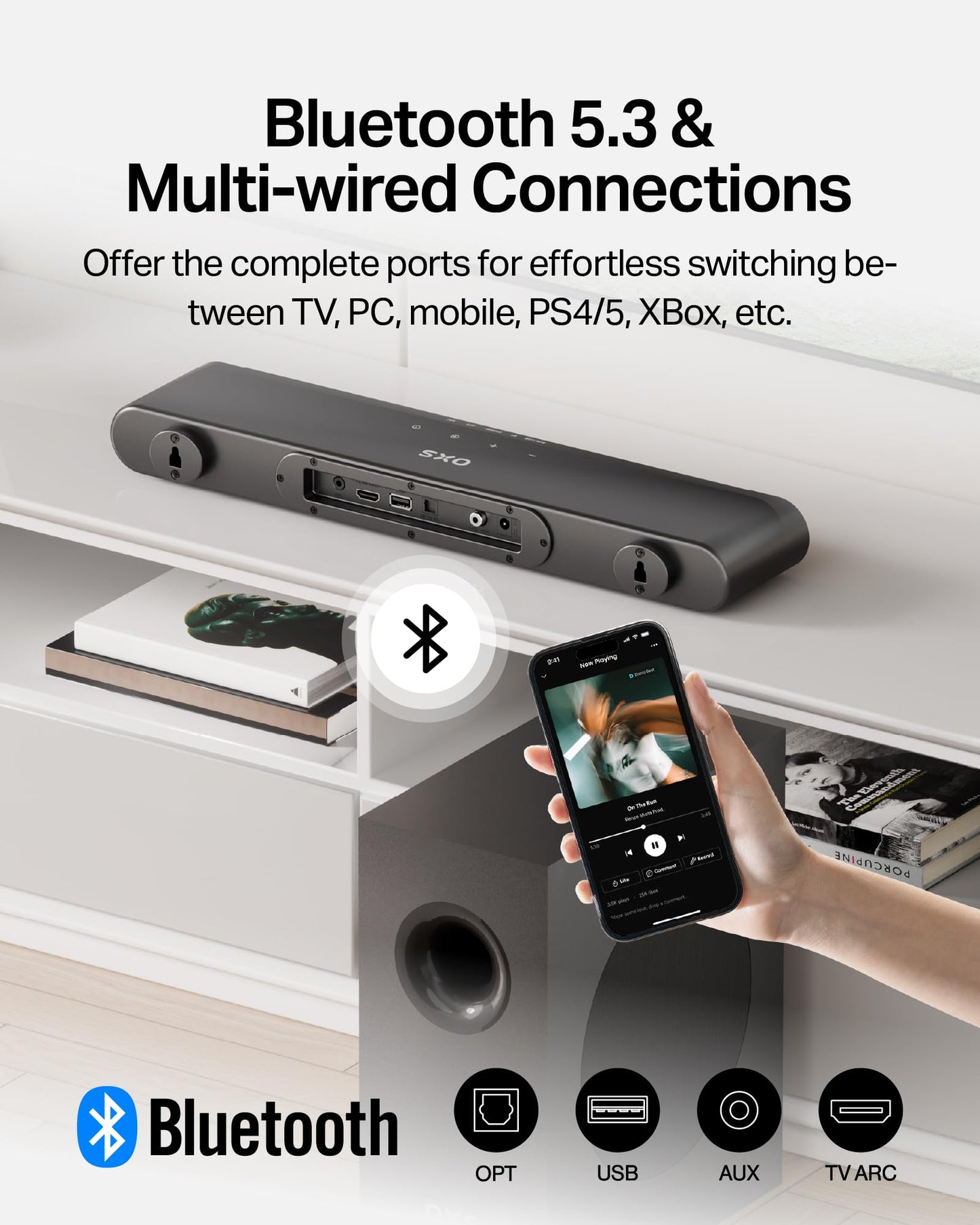 OXS S21 2.1 Channels Sound Bar with Subwoofer, Precision Sound with Deep Bass,240W Power, 3 EQ Modes, for Home Theater/Music/Game, for TV, PC, Xbox