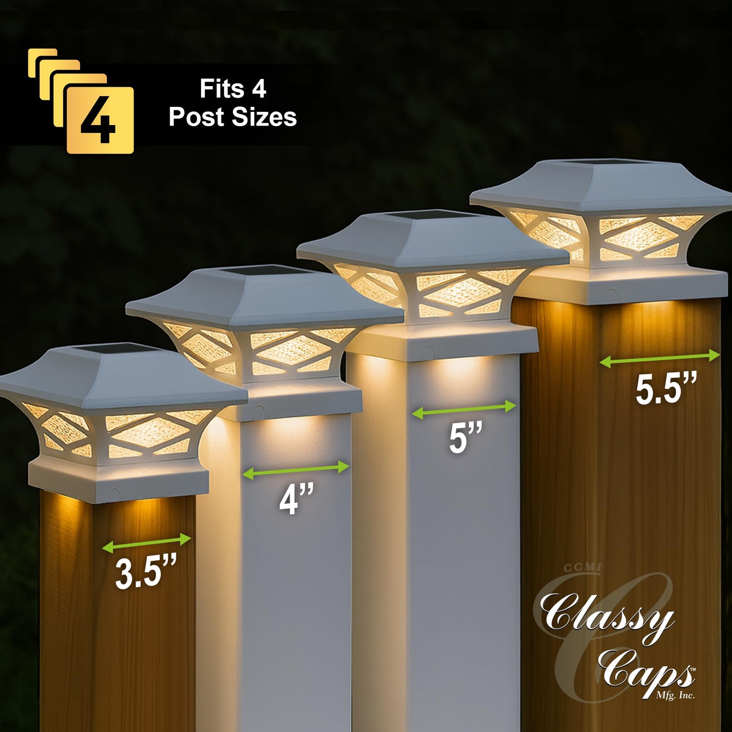 Classy Caps SLK807W - White, Kingsbridge Dual Lighted Solar Post Cap - Outdoor Deck & Fence Lighting, Fits 3.5x3.5, 4x4, 5x5, and 5.5x5.5 Posts, White
