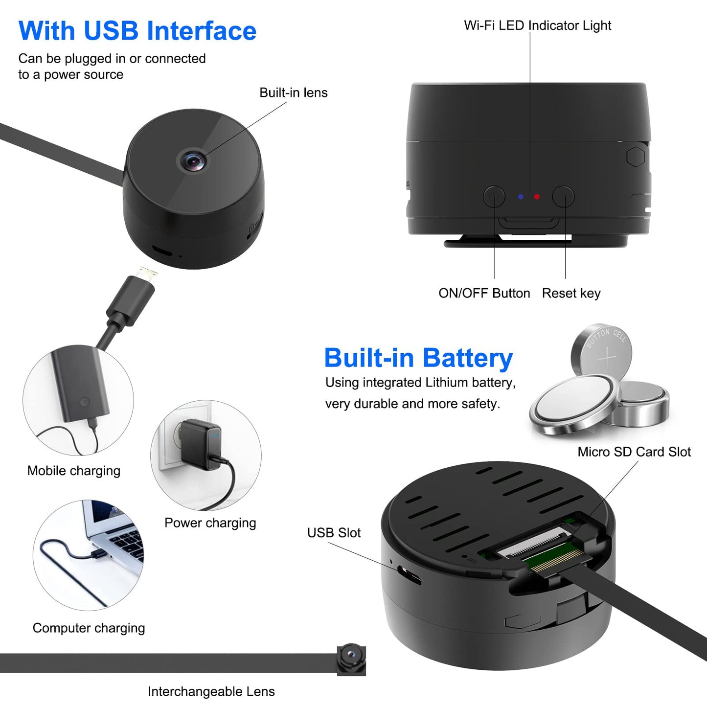 Boveila WiFi Mini Camera 1080P Wireless 150° Wide-Angle Security Camera with 2 Lenses 90°Hinge Motion Detector Night Vision for Home Surveillance