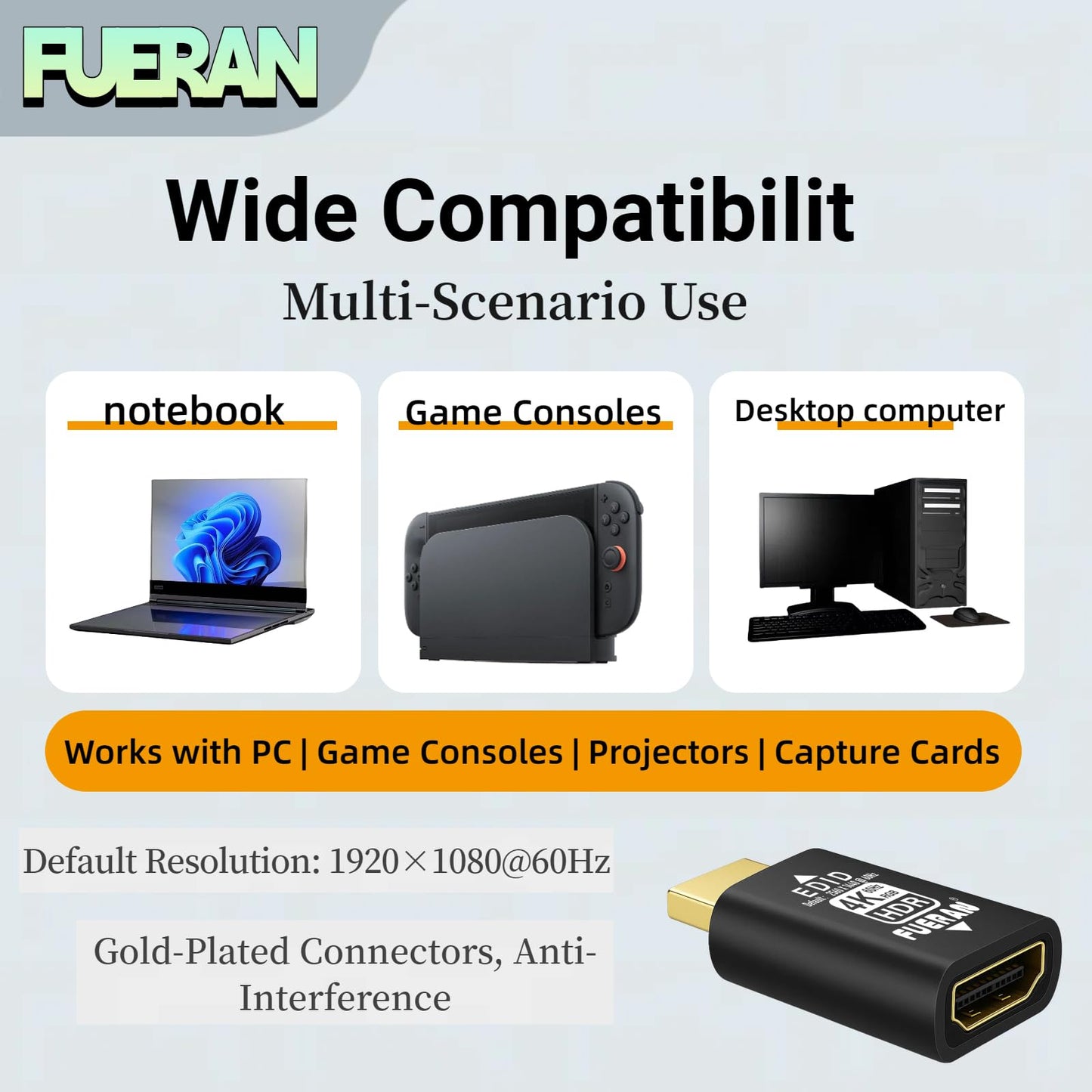 FUERAN HDMI edid Emulator Adapter,4K-HDR(default-1920X1080@60Hz) emulators,Reliable Pass-Through for Video Splitters, Extenders, AV Receivers -Plug
