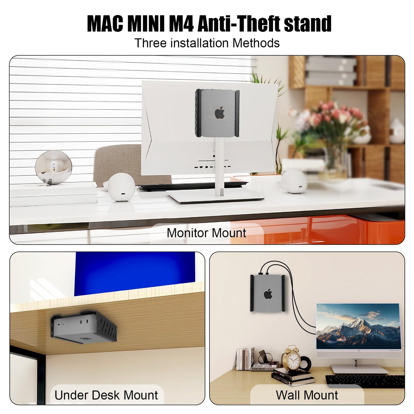 JinLunar Metal Mac mini PC Mount Compatible with 2024 Mac mini M4/M4 Pro Stand VESA Mount with Anti-Theft,Under Desk Mount and Wall Mount with Lock
