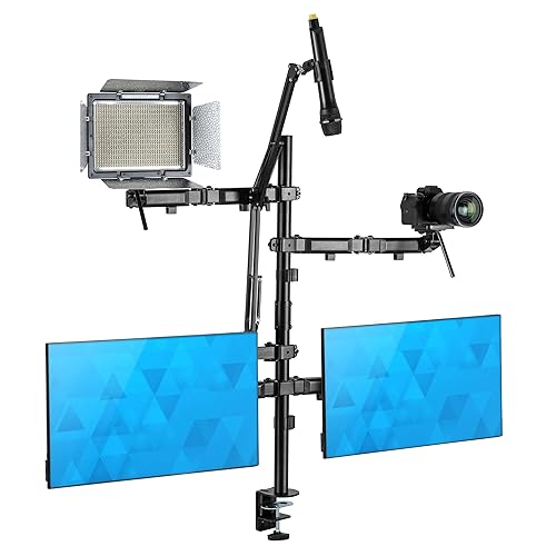 Mount-It! All in One Live Streaming Equipment - 5 Arm Desk Mount - Holds Dual Monitors, Cameras, Ring Light with Mic Desktop Stand Set, YouTube Setup