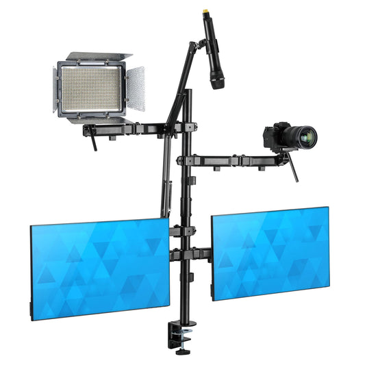 Mount-It! All in One Live Streaming Equipment - 5 Arm Desk Mount - Holds Dual Monitors, Cameras, Ring Light with Mic Desktop Stand Set, YouTube Setup