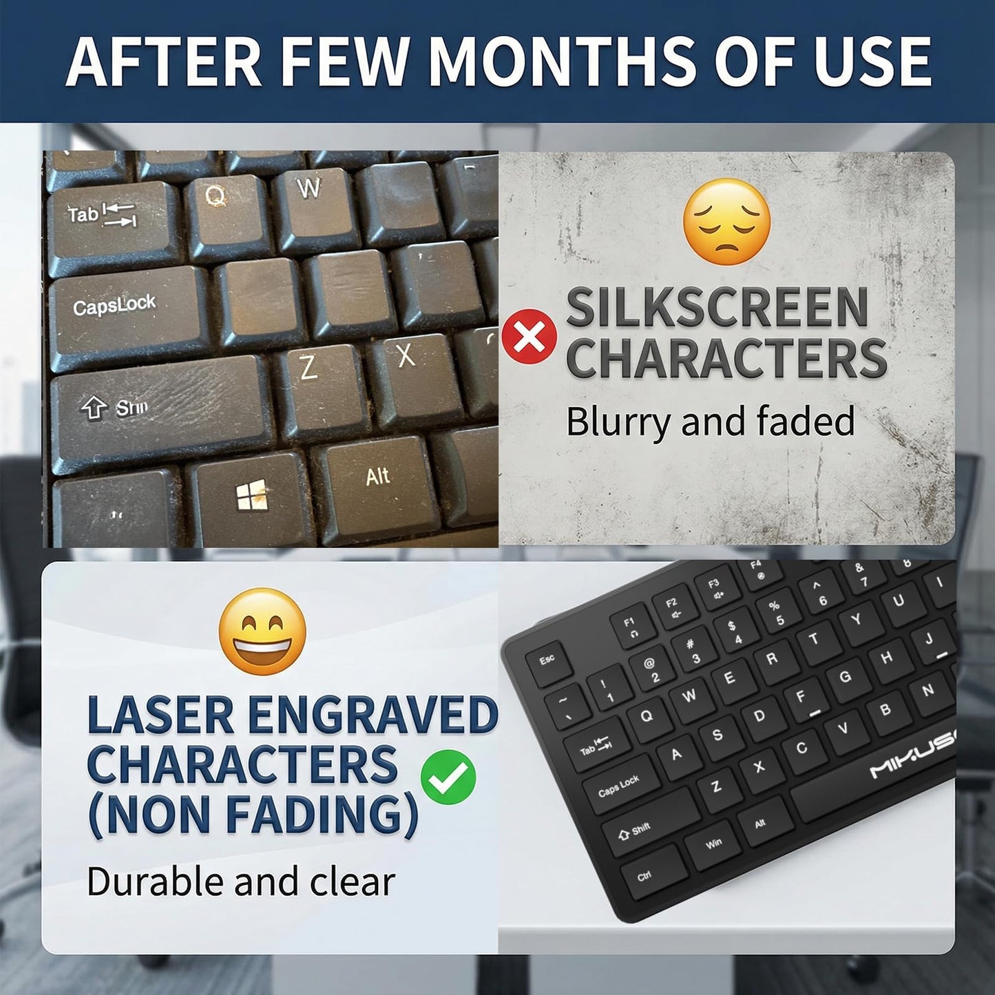 Fade-Proof Lettering Wired Keyboard Full Size - Black Office Keyboard With Laser Etched Keys, Integrated Bracket, Spill-Resistant Design 5.2ft Usb
