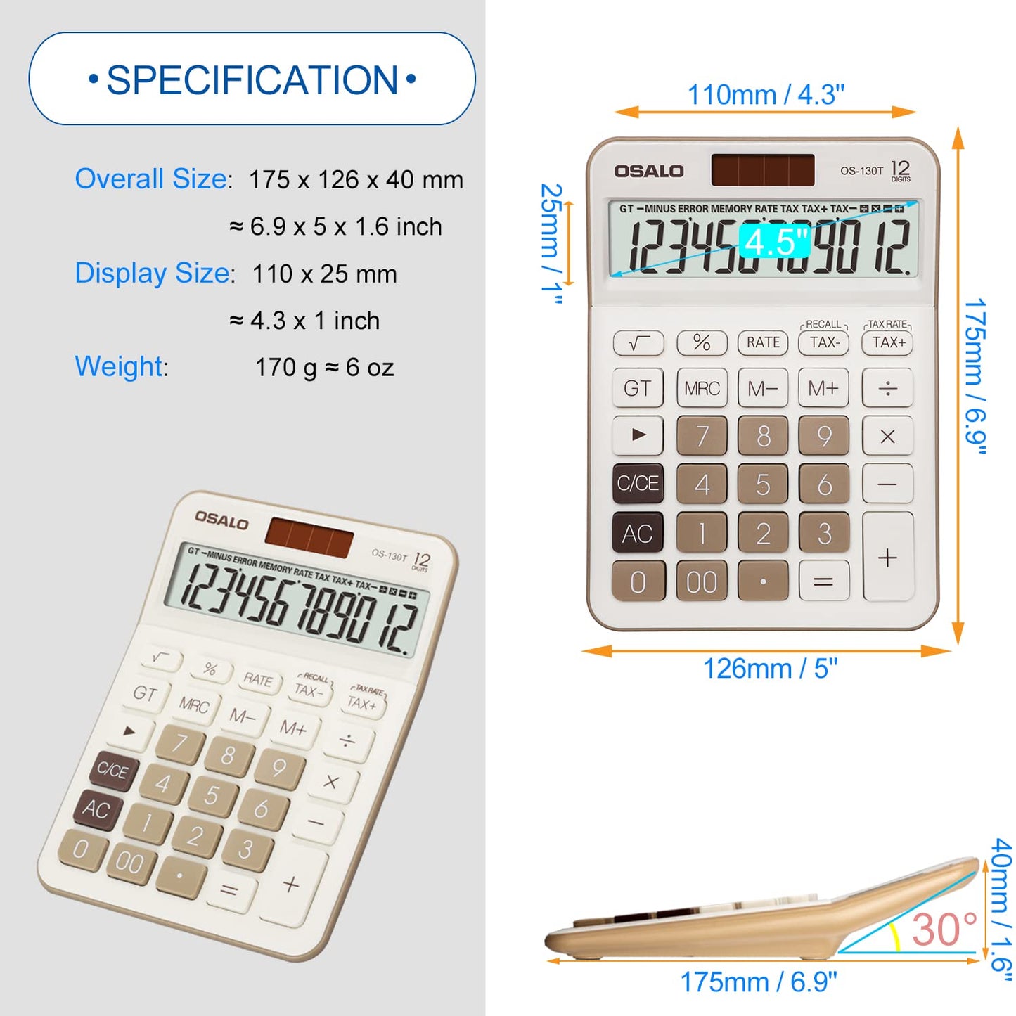 Pendancy 12 Digit Office Calculator Desktop with Tax+/- for Advanced Tax Calculation, Large LCD Display Big Buttons, Dual Power Durable Portable