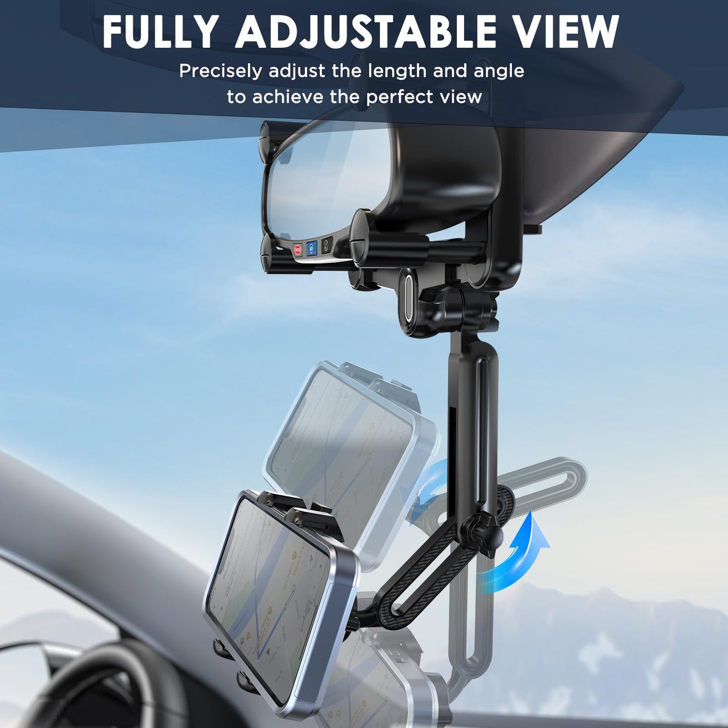 IPOW Large Rearview Mirror Phone Holder for Car 360°Rotatable and Retractable, 2024 Upgraded Four Corners Fixed Anti-Shake Multifunctional Design