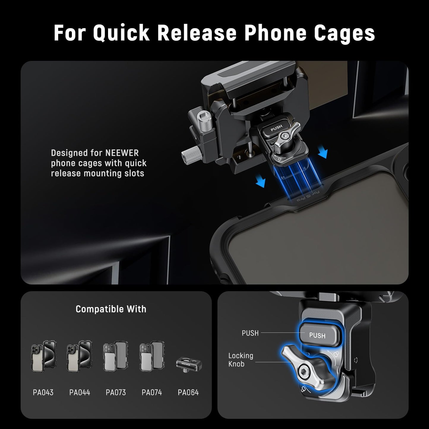 Neewer SSD Holder 40-65mm Quick Release SSD Bracket Mount with Cable Clamp Compatible with SmallRig Phone Cage for 16 Pro Max 15 Pro Max Samsung S24