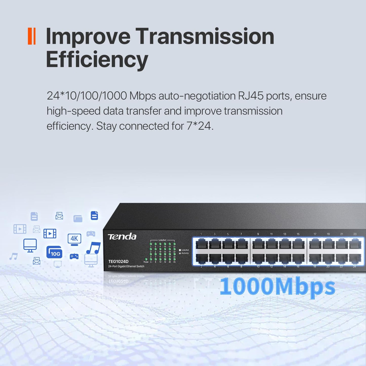 Tenda TEG1024D, 24 Port Gigabit Switch, Unmanaged Rackmount Ethernet Switch 24 Port with Traffic Optimization, Plug & Play, Fanless Quiet & Metal