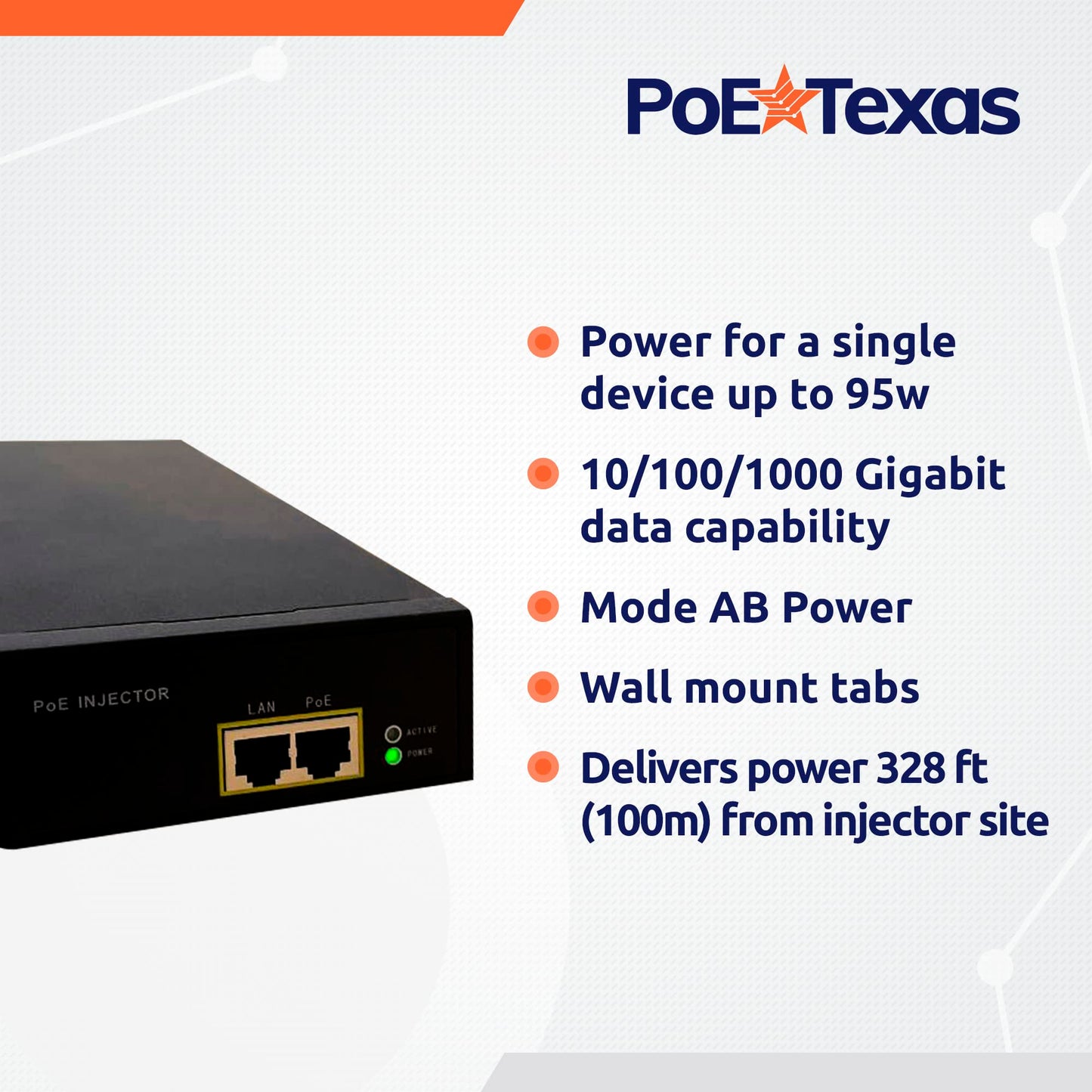 Poe Texas PoE Injector - 802.3bt PoE++ Single Port Power Over Ethernet Injector - Active PoE Adapter with 55V 95W Output - 10/100/1000 Gigabit Data