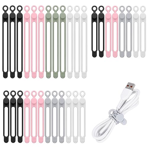32Pcs Silicone Cable Ties, Data Cable Organizer Silicone Cable Straps Cord Ties Wrap Reusable Wire Organizers Elastic Cables Cord Management