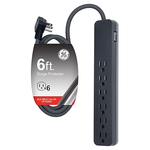 GE UltraPro 6 Outlet Surge Protector, 6 Ft Designer Braided Extension Cord, Flat Plug, Long Power Cord, Wall Mount, Black, 45271