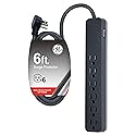 GE UltraPro 6 Outlet Surge Protector, 6 Ft Designer Braided Extension Cord, Flat Plug, Long Power Cord, Wall Mount, Black, 45271