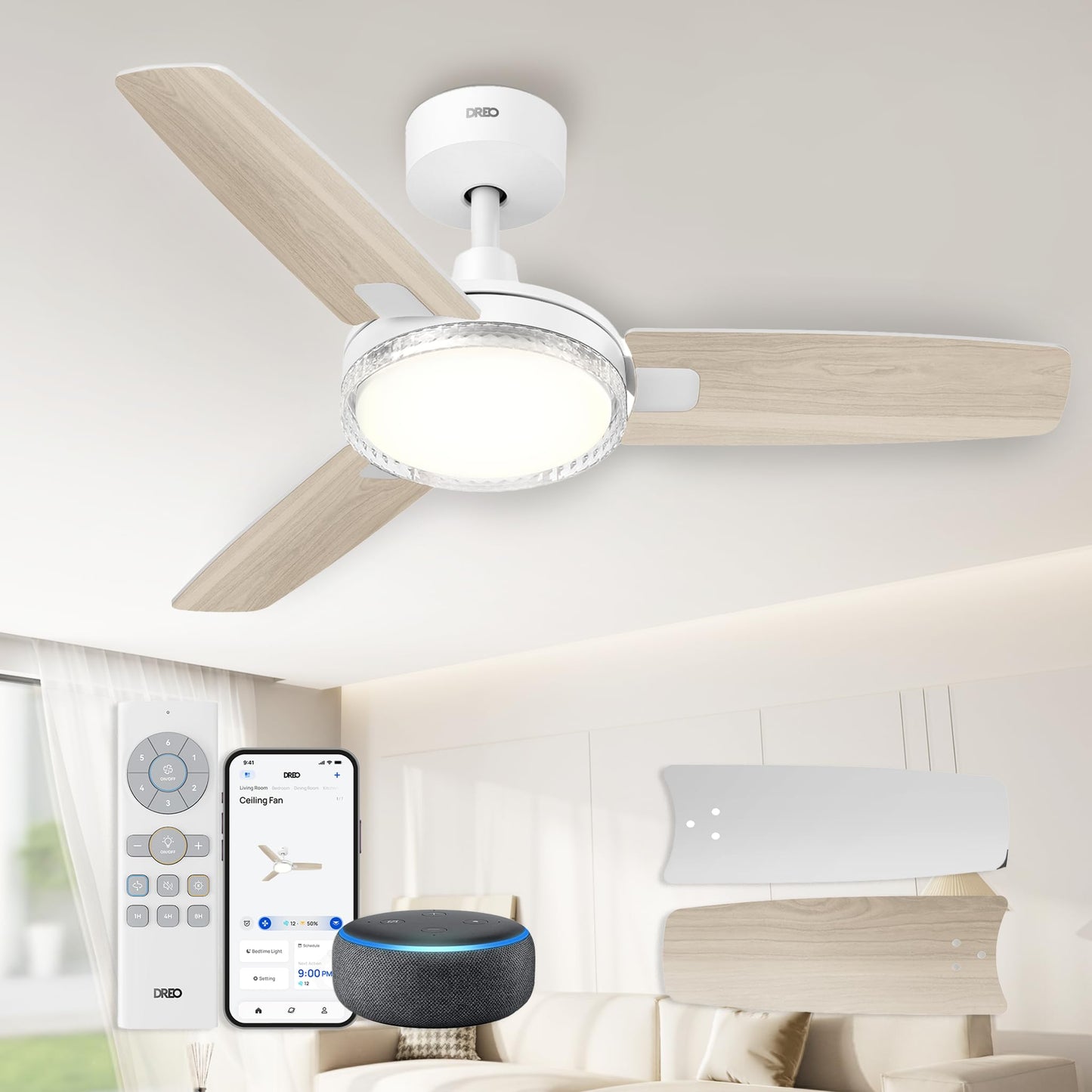 DREO Smart Ceiling Fans with Lights and Remote, 42 Inch Bedroom Ceiling Fan