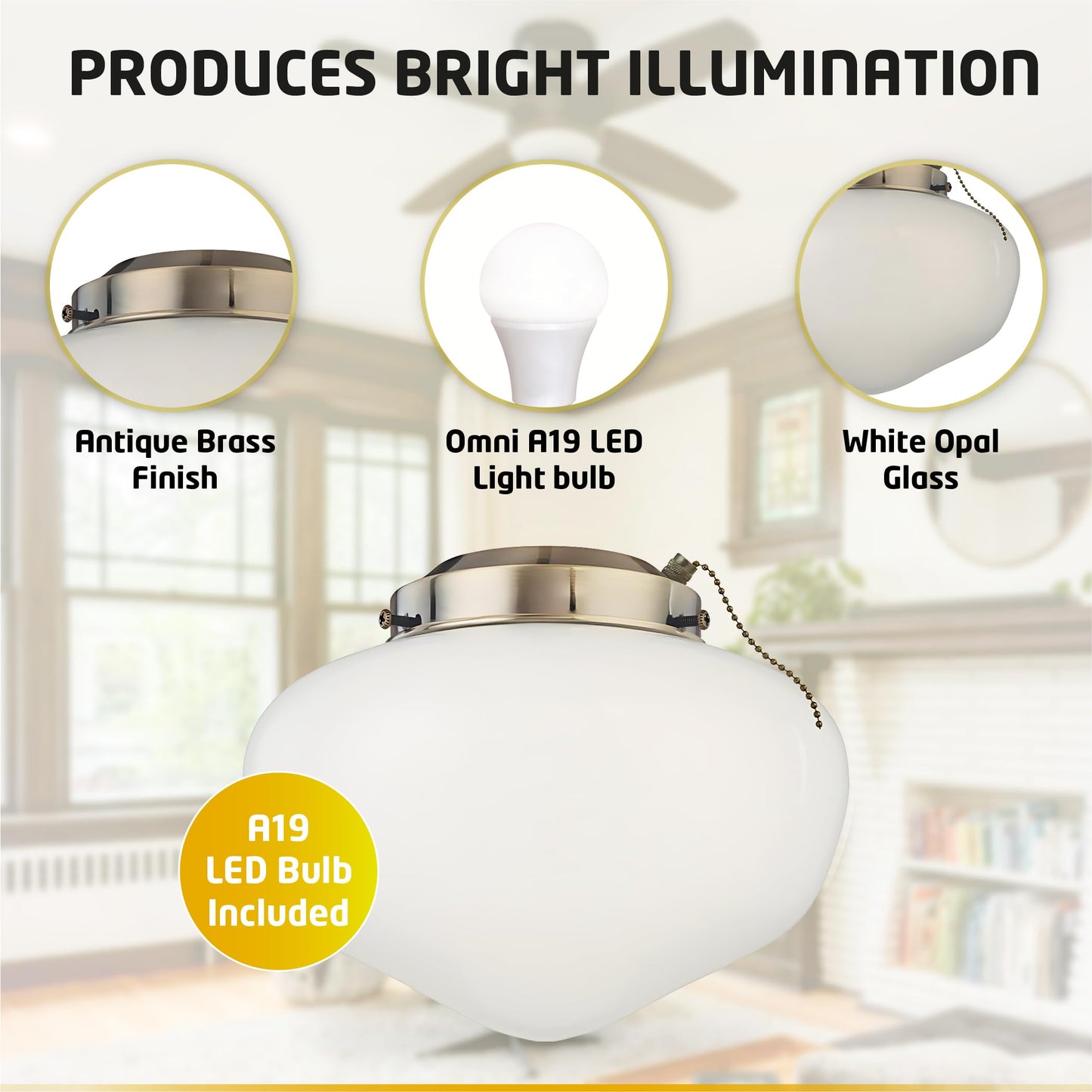 Ciata Schoolhouse Ceiling Fan Light Fixture Kit with White, Round Opal Glass Shade, Antique Brass Finish, Energy Efficient LED Bulb for Living Room or