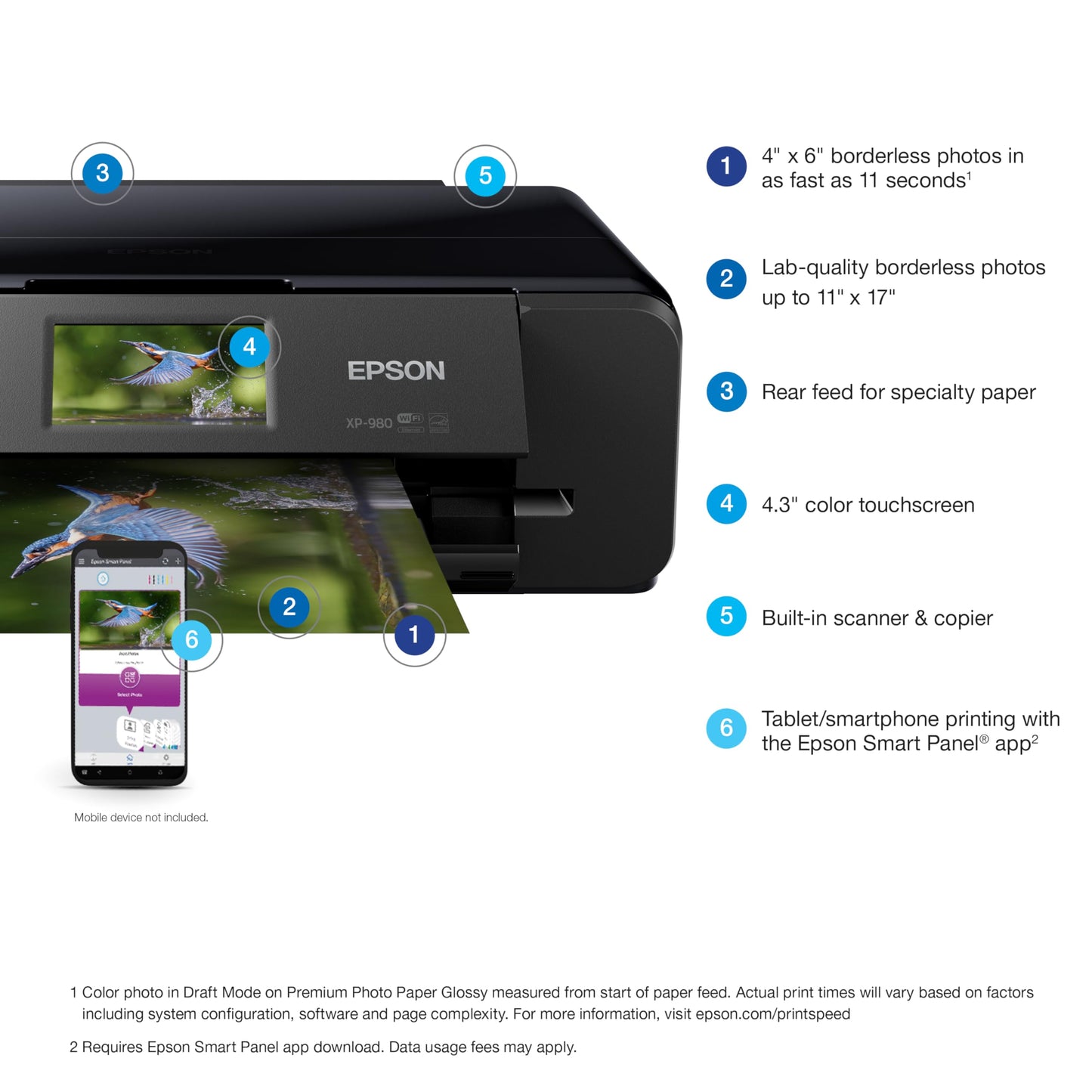 Epson Expression Photo XP-980 Wireless Wide-Format Printer with 6-Color Claria Ink System, Borderless Printing up to 11" x 17", Fast 4" x 6" Photo