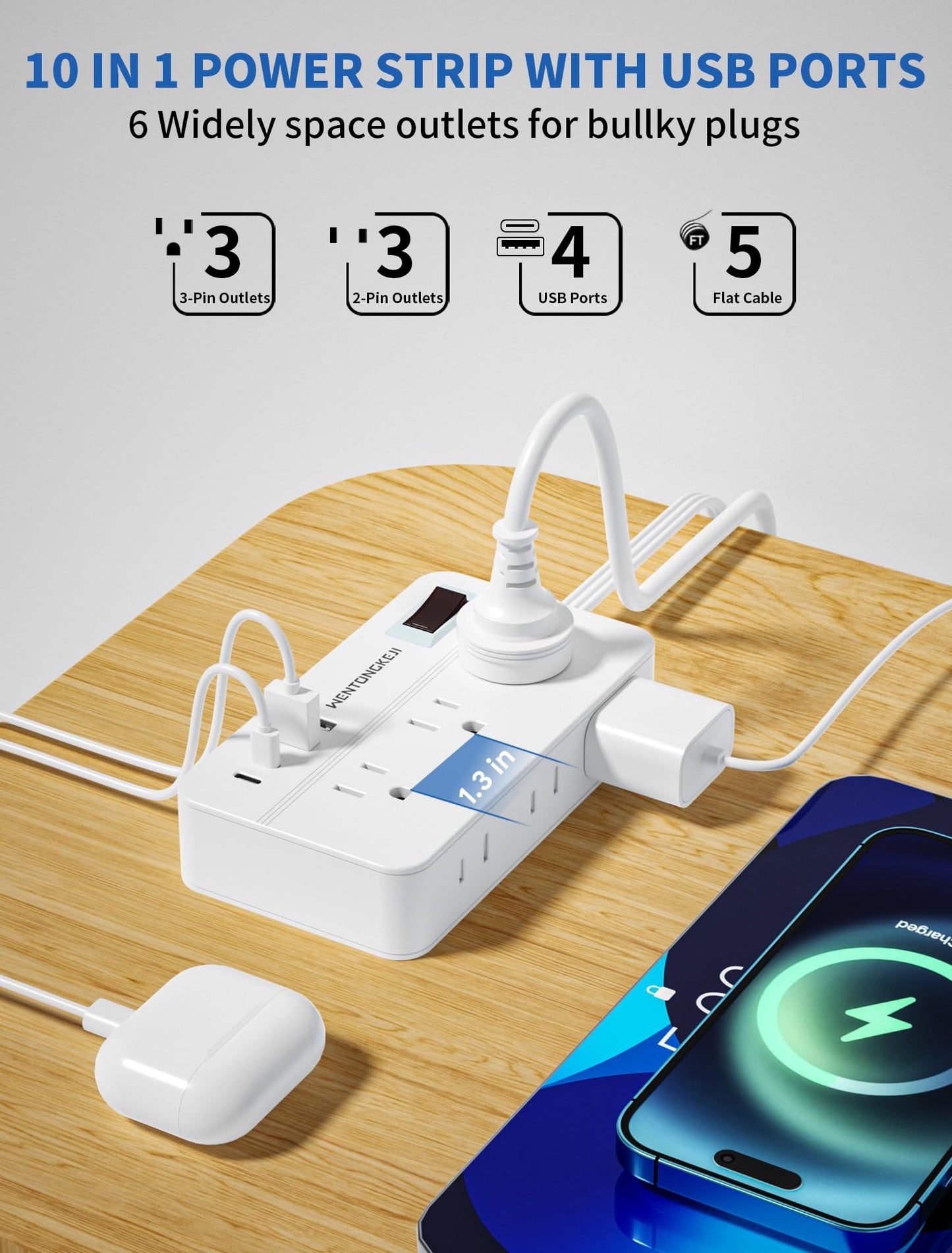Surge Protector Power Strip - 5Ft Braided Extension Cord Flat Plug with 6 Outlets and 2 USB-A 2 USB-C Ports, 1080 Joules Wall Mounted Charging Station