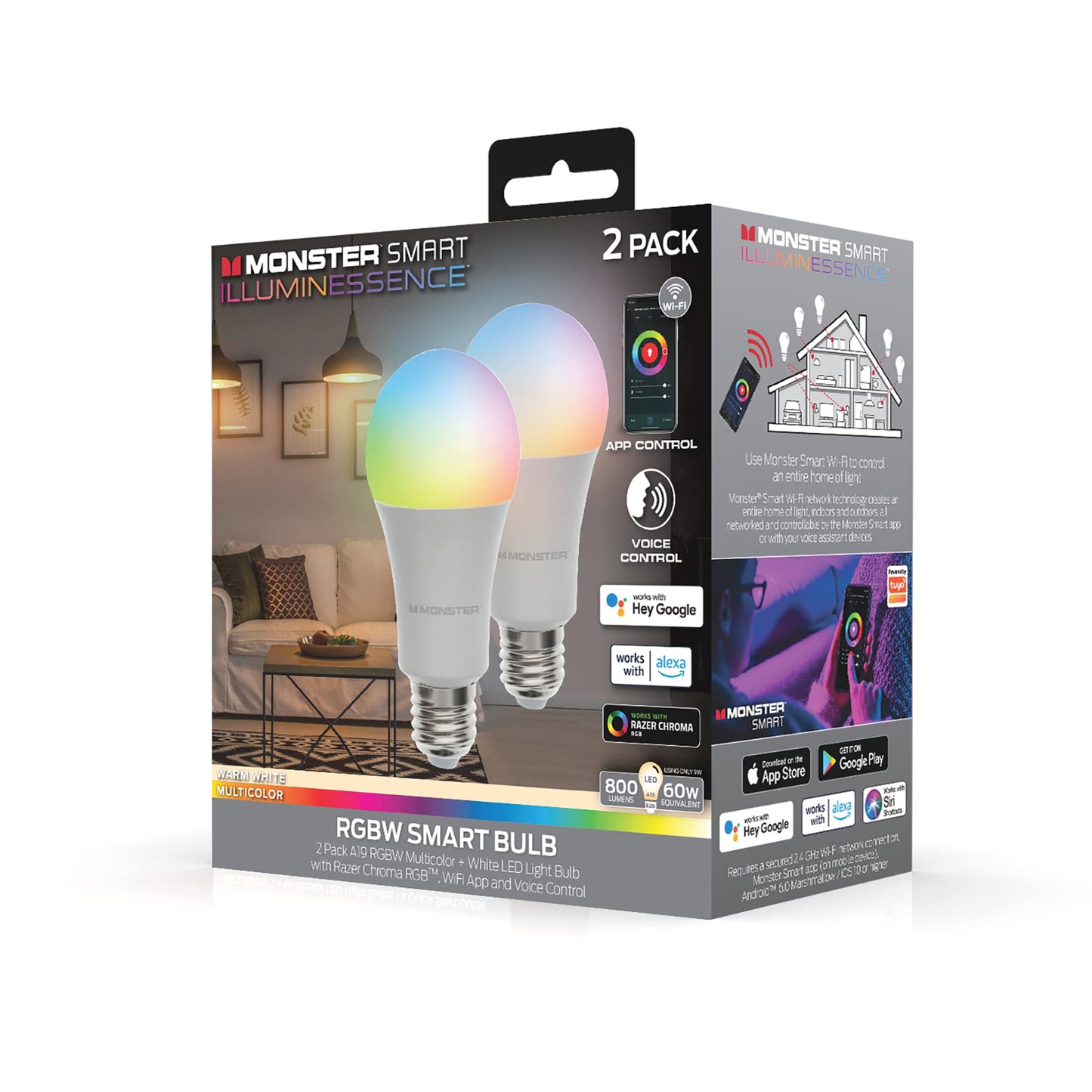 Monster Multi-Color and Warm-White LED Light Bulb, 16,000,000 Lighting Possibilities, Customizable with App, Compatible with Alexa/Siri/Google