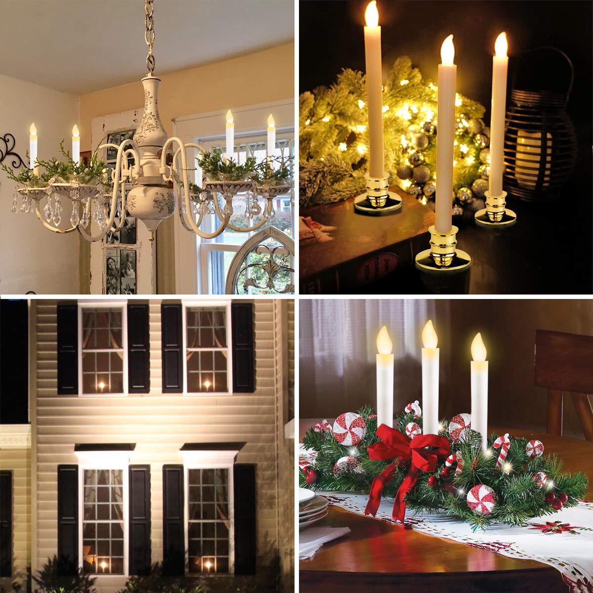 Kithouse 6 Set Christmas Window Candles Lights with Timer Battery Operated Electric LED Taper Candles Flameless for Windows, Gold Candle Holders