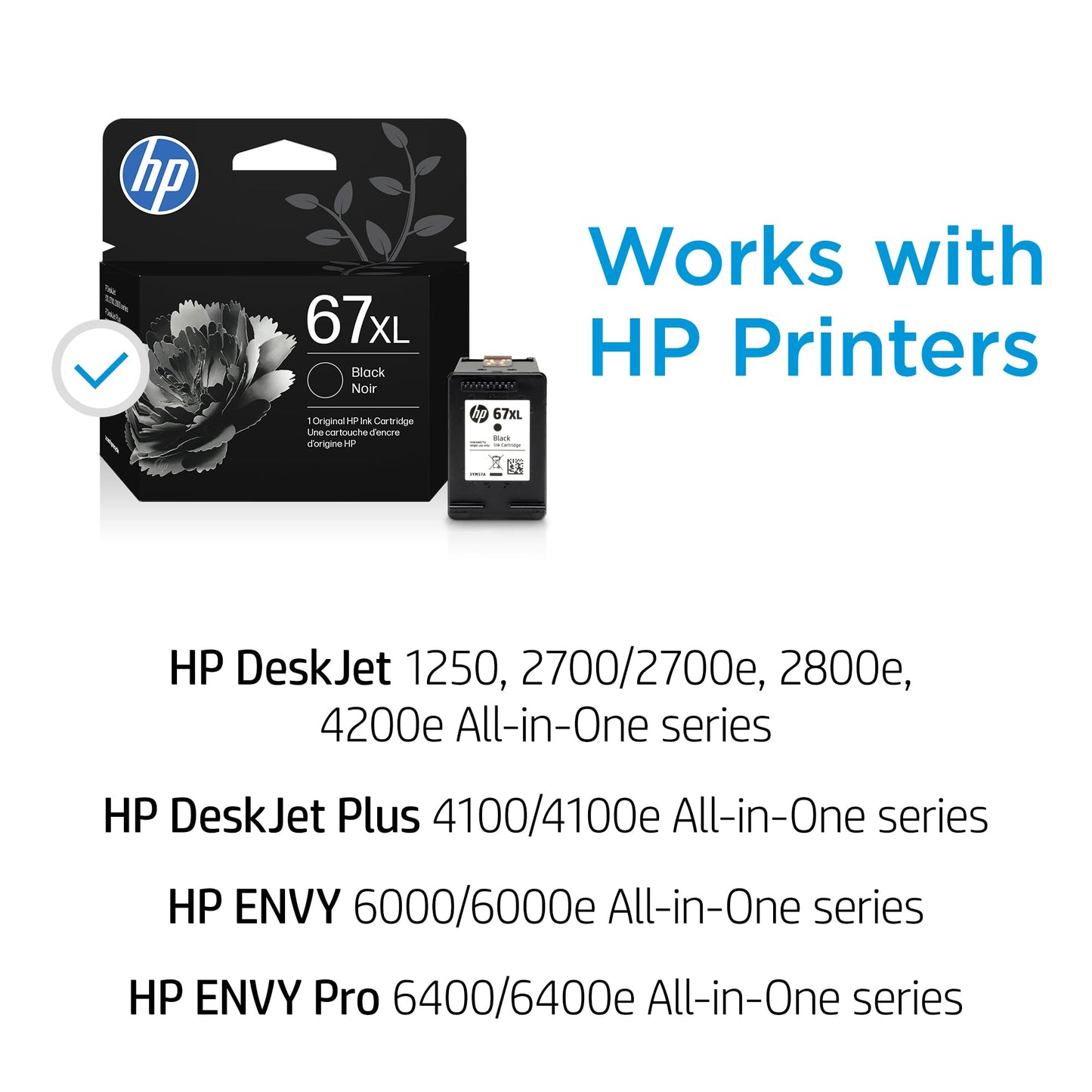 HP 67XL Black High-Yield Ink Cartridge | Works with DeskJet 1255, 2700, 4100, Envy 6000, 6400 Series | Eligible for Instant Ink | 3YM57AN | Packaging